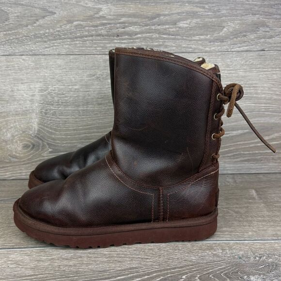 Ugg Mariana Women’s Sz 7 Dark Brown Leather Shearling Rear Lace Winter Boots - Picture 3 of 11